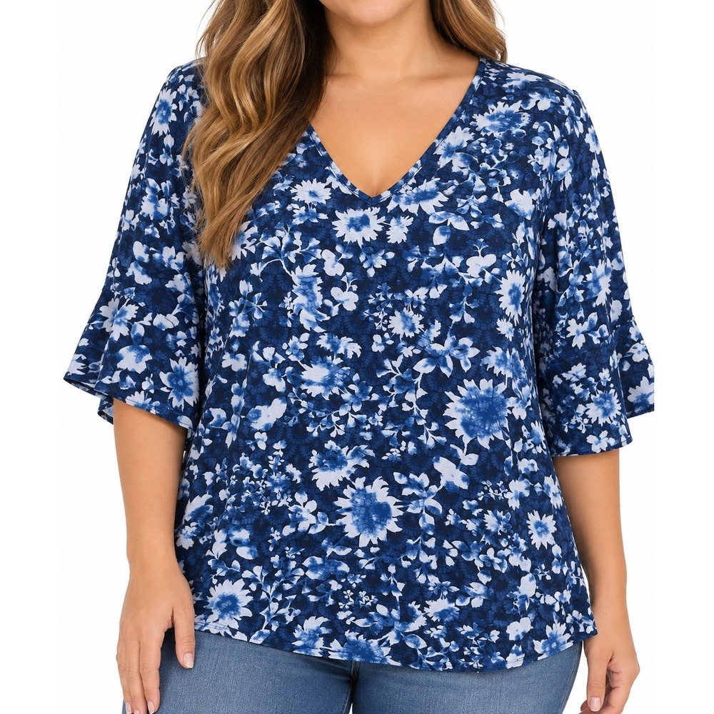 Woman Within Plus 18/20 Floral Bell Sleeve V Neck Tunic Top